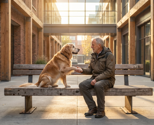 a golden retriever looking up attentively, ready for a gentle training session.