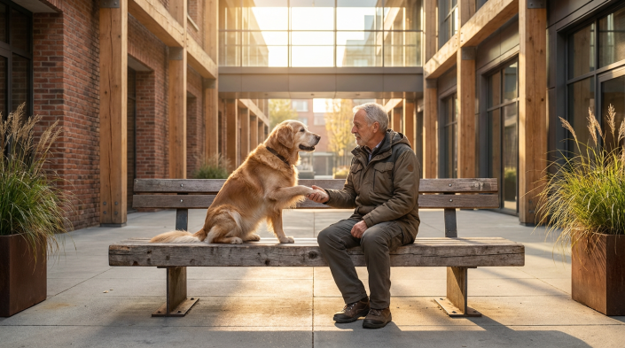 a golden retriever looking up attentively, ready for a gentle training session.