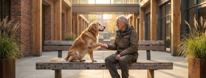 a golden retriever looking up attentively, ready for a gentle training session.