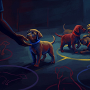 person's hand reaching to a puppy while others play, illustrating behavioral considerations.