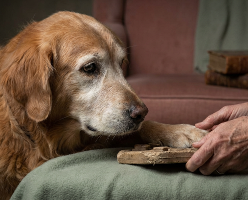 older golden retriever dog and person's hands touching a treat puzzle, indicating cognitive changes.