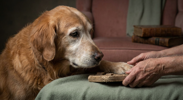 older golden retriever dog and person's hands touching a treat puzzle, indicating cognitive changes.