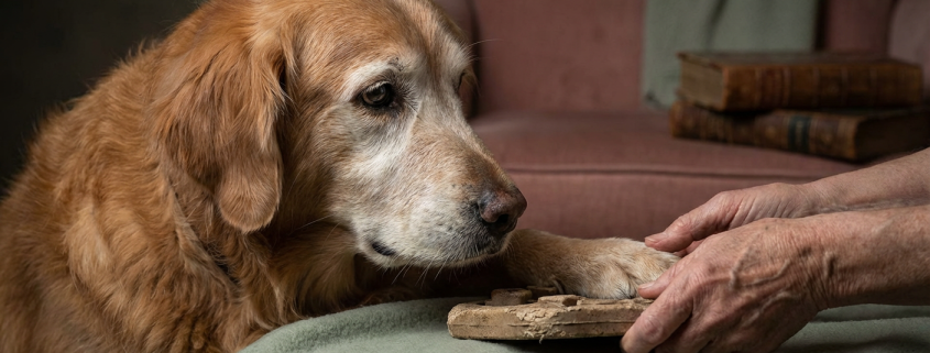 older golden retriever dog and person's hands touching a treat puzzle, indicating cognitive changes.