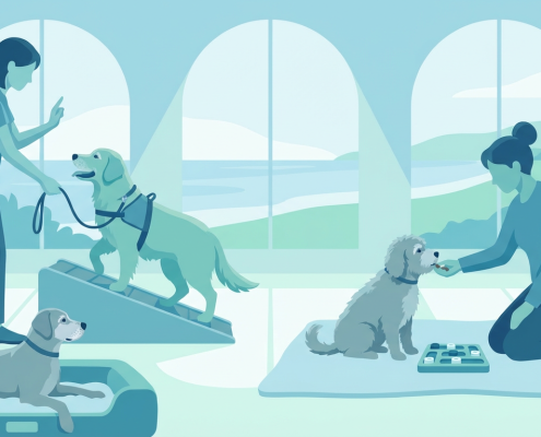 women training three dogs with various techniques for older dogs indoors.