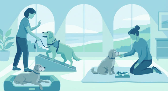 women training three dogs with various techniques for older dogs indoors.