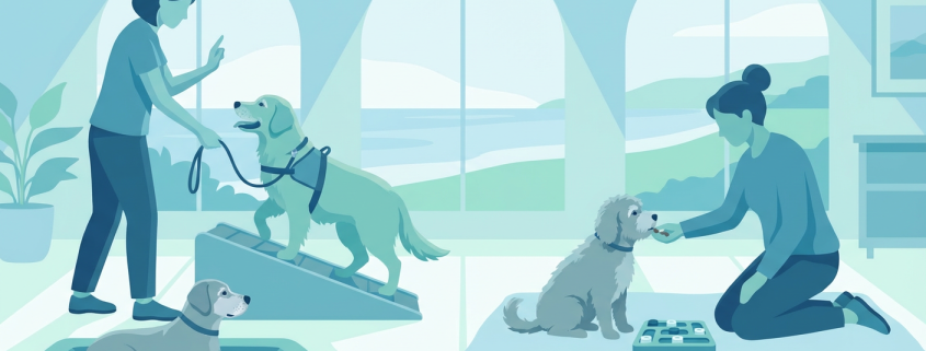 women training three dogs with various techniques for older dogs indoors.