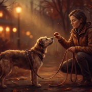 woman offering a treat to a scruffy dog on a leash, demonstrating professional dog training.
