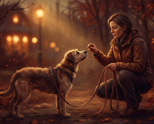woman offering a treat to a scruffy dog on a leash, demonstrating professional dog training.