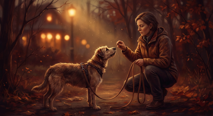 woman offering a treat to a scruffy dog on a leash, demonstrating professional dog training.