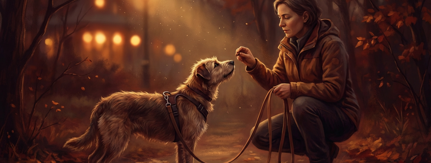 woman offering a treat to a scruffy dog on a leash, demonstrating professional dog training.