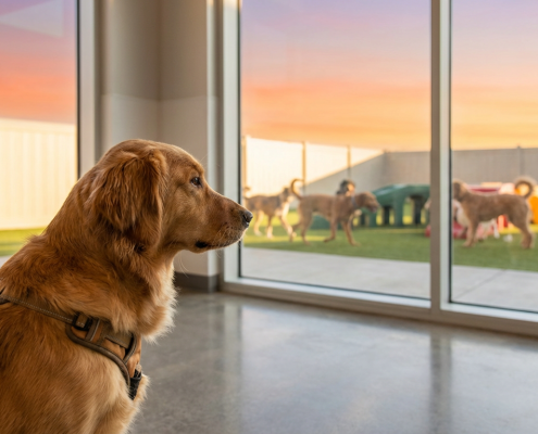 a golden retriever puppy calmly sits amidst a playful group of dogs in a sunny daycare.