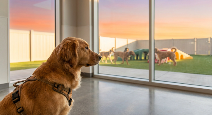 a golden retriever puppy calmly sits amidst a playful group of dogs in a sunny daycare.
