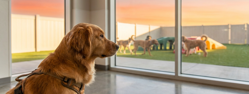 a golden retriever puppy calmly sits amidst a playful group of dogs in a sunny daycare.