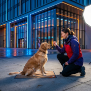 a dog's tail held high and wagging, indicating an engaged and happy learner during training.
