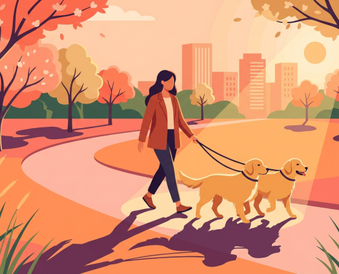 woman walking two golden retrievers in a park, highlighting the dog training roi.