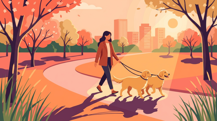 woman walking two golden retrievers in a park, highlighting the dog training roi.