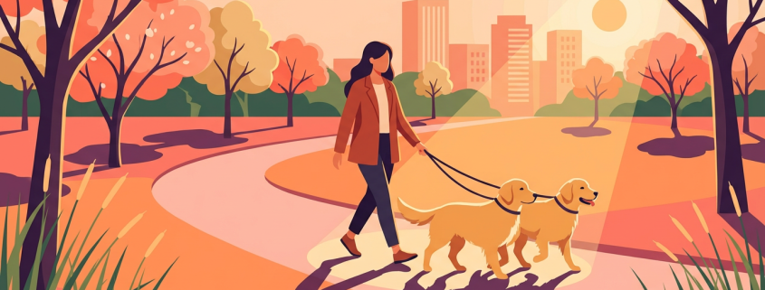 woman walking two golden retrievers in a park, highlighting the dog training roi.