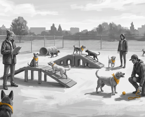 people and dogs in a fenced dog park, undergoing a dog daycare evaluation.