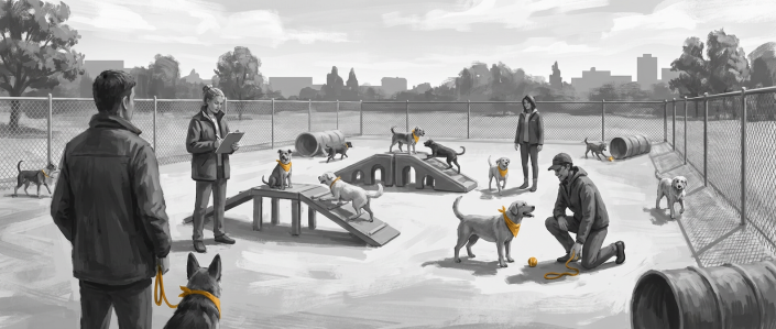 people and dogs in a fenced dog park, undergoing a dog daycare evaluation.