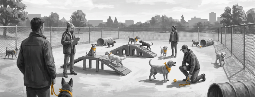 people and dogs in a fenced dog park, undergoing a dog daycare evaluation.