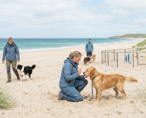 people dog training on a sandy beach by the ocean, with vacation dog training activities.
