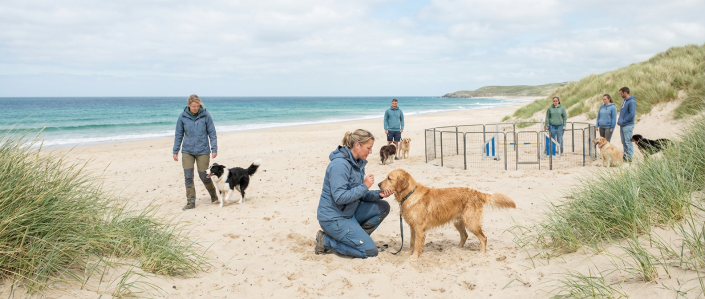 people dog training on a sandy beach by the ocean, with vacation dog training activities.
