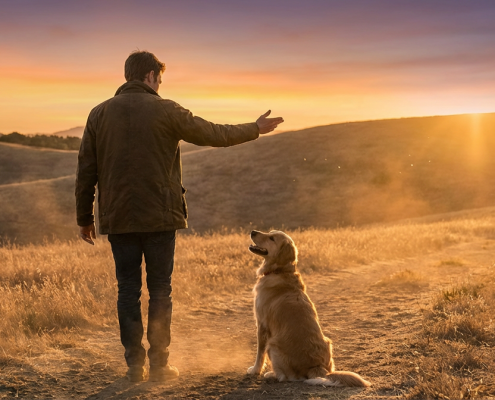 man practicing outdoor dog commands with a golden retriever at sunset on a dirt path