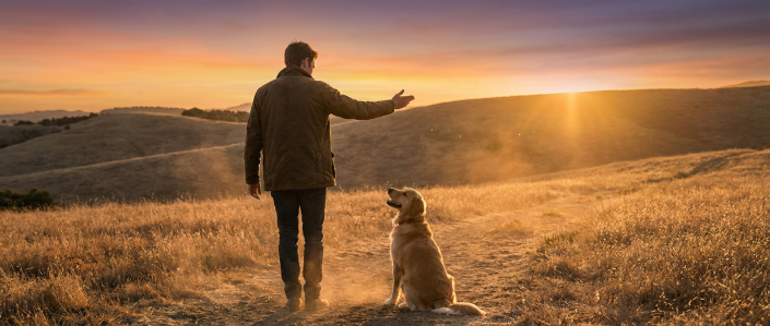man practicing outdoor dog commands with a golden retriever at sunset on a dirt path