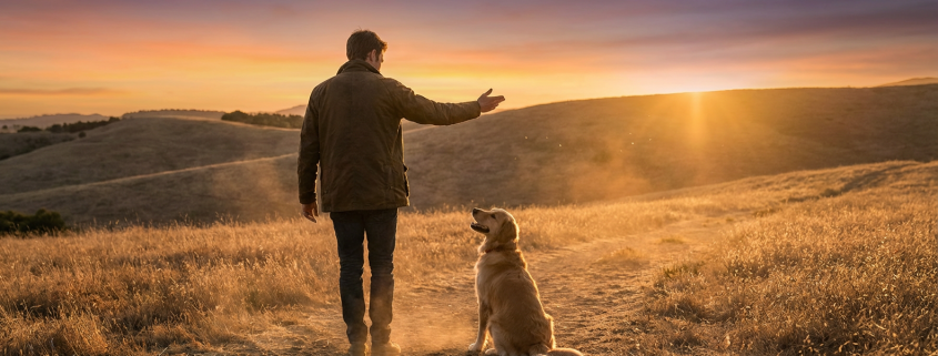 man practicing outdoor dog commands with a golden retriever at sunset on a dirt path