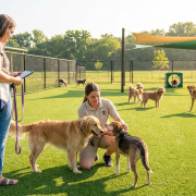two women and multiple dogs on green turf for summer dog daycare preparation