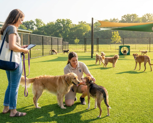 two women and multiple dogs on green turf for summer dog daycare preparation