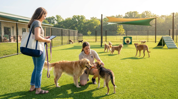 two women and multiple dogs on green turf for summer dog daycare preparation