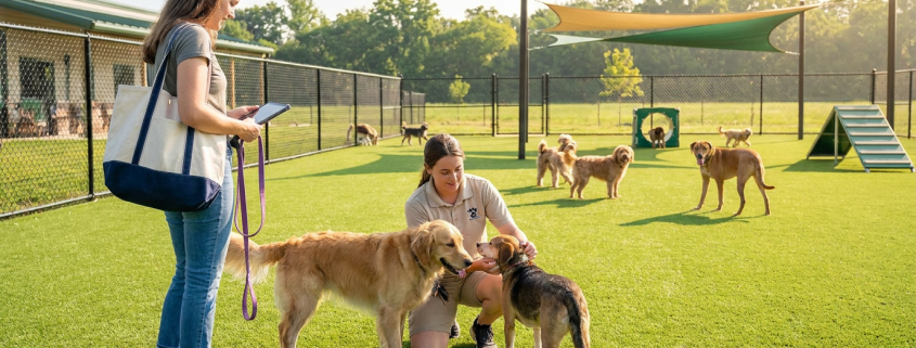 two women and multiple dogs on green turf for summer dog daycare preparation