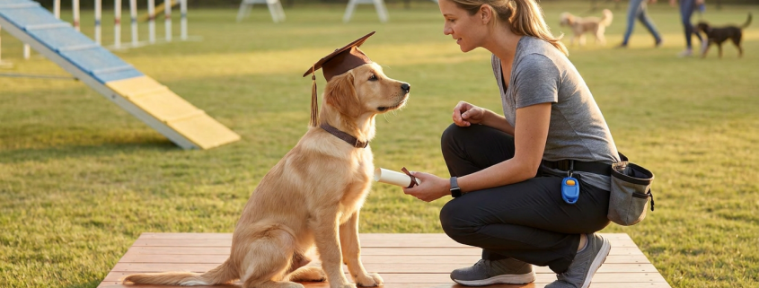 golden retriever puppy in graduation cap receiving diploma, celebrating puppy training graduation.