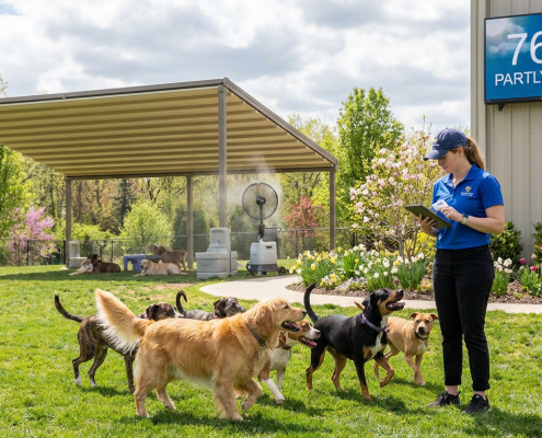dogs playing in outdoor dog daycare weather, 76°f partly sunny, with a staff member and misting fan.