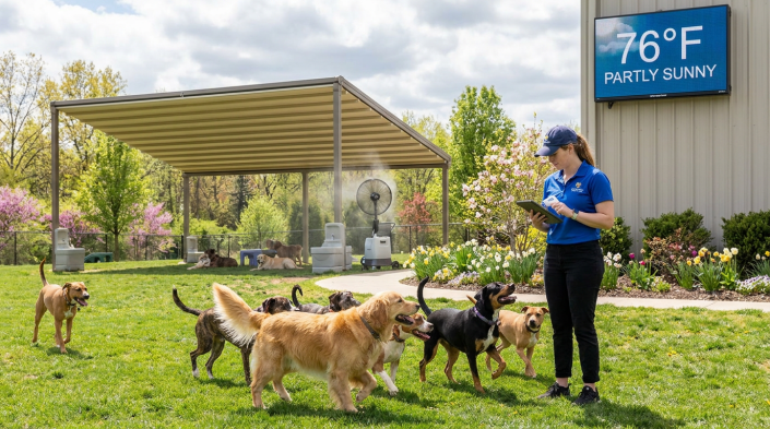 dogs playing in outdoor dog daycare weather, 76°f partly sunny, with a staff member and misting fan.