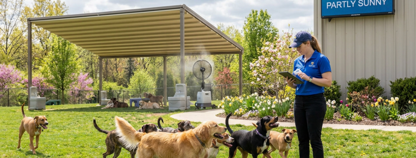 dogs playing in outdoor dog daycare weather, 76°f partly sunny, with a staff member and misting fan.