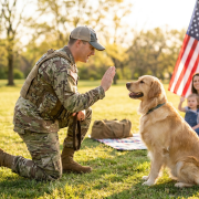 soldier in uniform kneeling, training a golden retriever during memorial day dog training with family nearby.