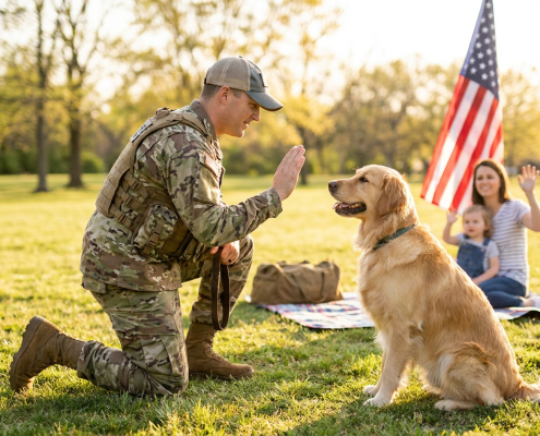 soldier in uniform kneeling, training a golden retriever during memorial day dog training with family nearby.