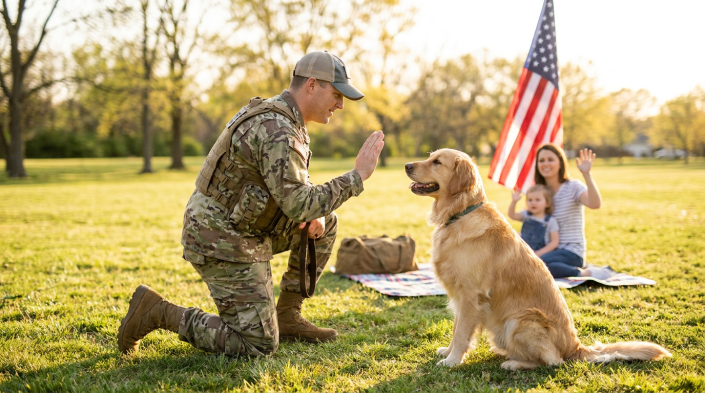 soldier in uniform kneeling, training a golden retriever during memorial day dog training with family nearby.