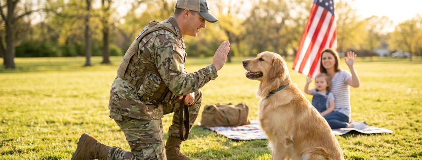 soldier in uniform kneeling, training a golden retriever during memorial day dog training with family nearby.
