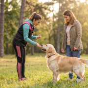 two women and a golden retriever during dog mom training sessions in a park.