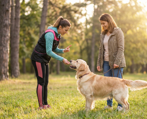 two women and a golden retriever during dog mom training sessions in a park.