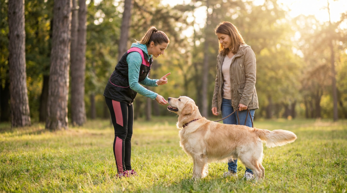 two women and a golden retriever during dog mom training sessions in a park.