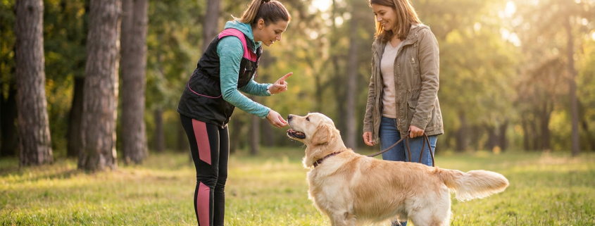two women and a golden retriever during dog mom training sessions in a park.
