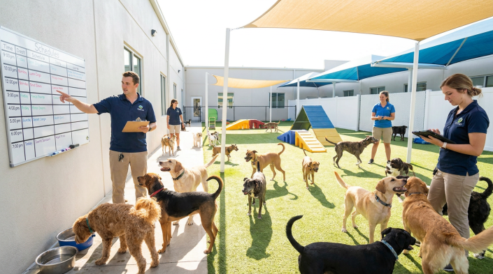 staff managing summer daycare dogs at an outdoor facility, checking schedules and interacting.
