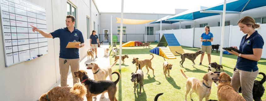 staff managing summer daycare dogs at an outdoor facility, checking schedules and interacting.