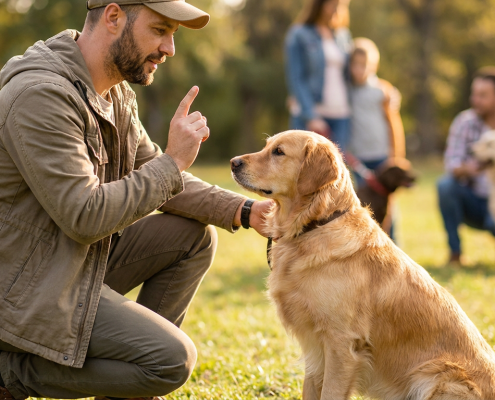 father in an olive jacket doing fathers day dog training with a golden retriever.