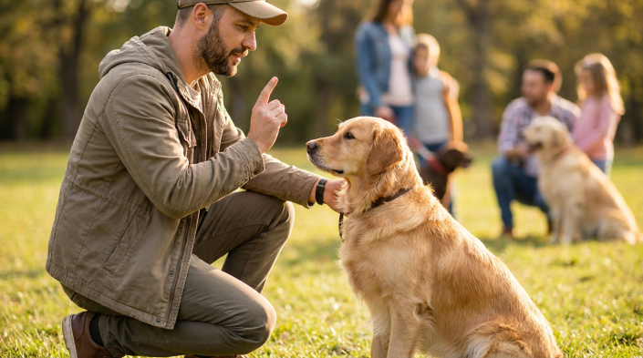 father in an olive jacket doing fathers day dog training with a golden retriever.