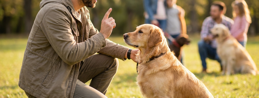 father in an olive jacket doing fathers day dog training with a golden retriever.